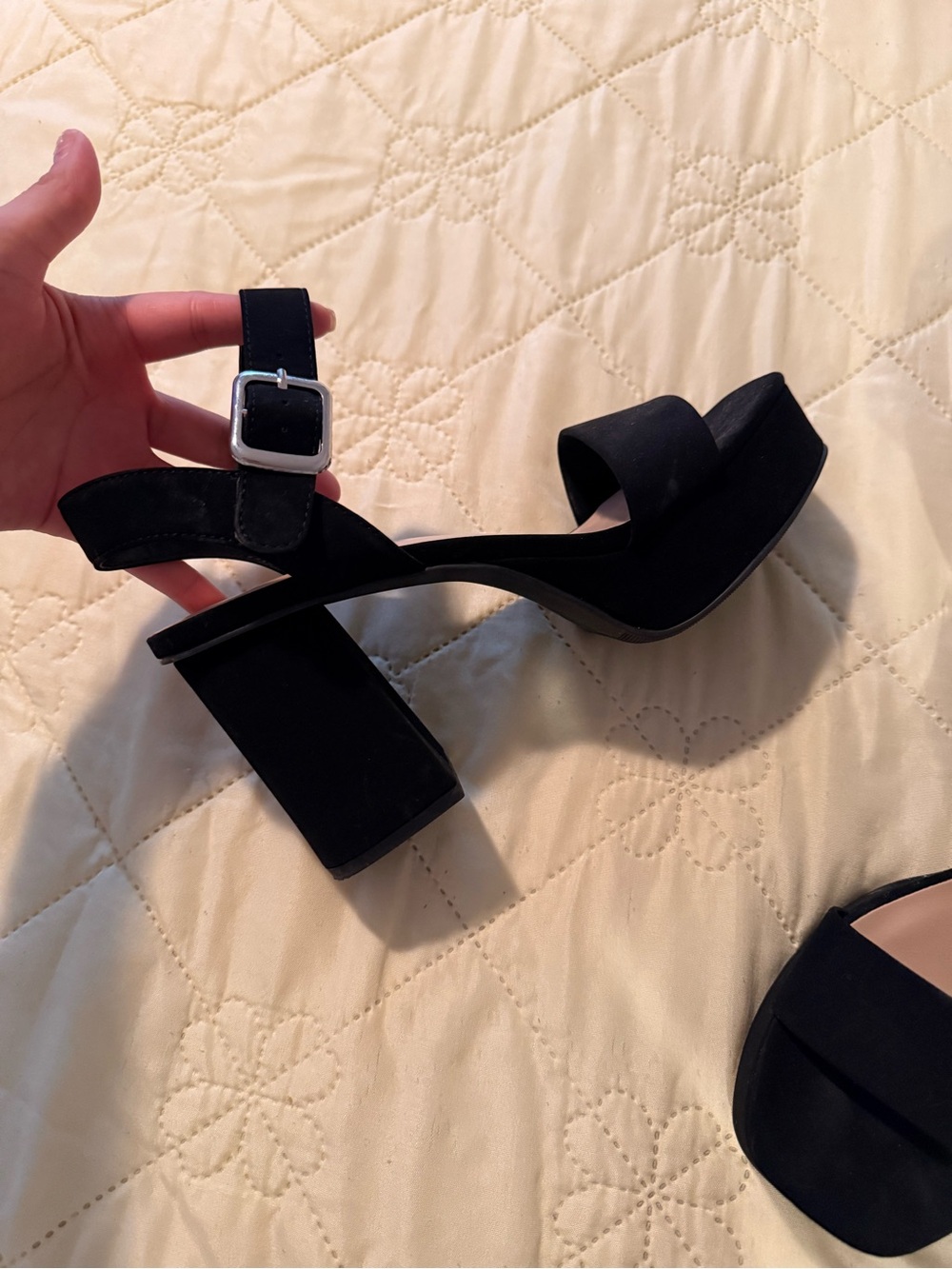 Soda Black Suede Block Heel Ankle Strap Sandals